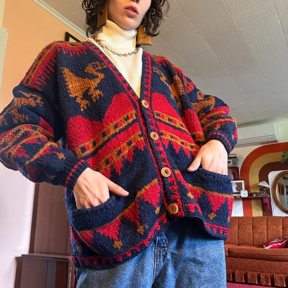 70s 80s 100% pure wool knitted red and blue cardigan - Toshy Made In Bolivia! - Picture 10 of 15